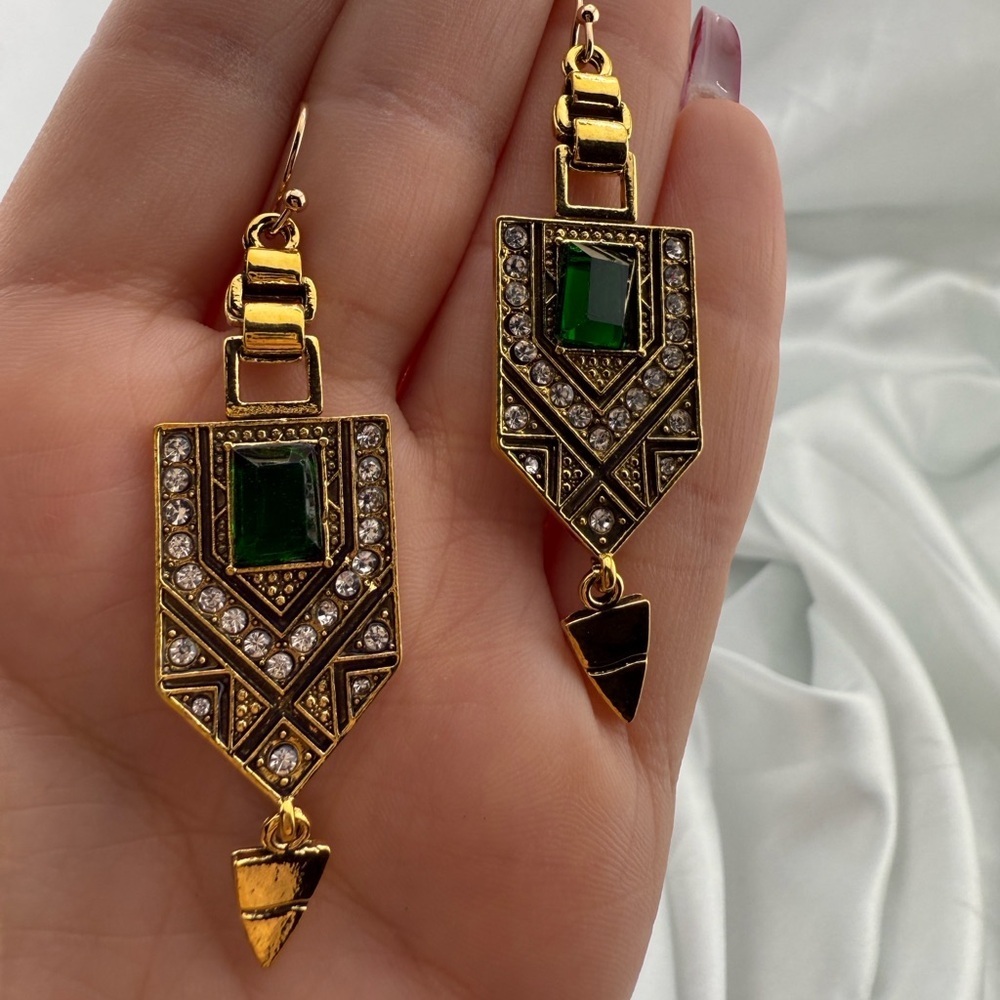 Art Deco Geometric Drop Earrings – Gold Vintage Statement Jewelry - Picture 7 of 7